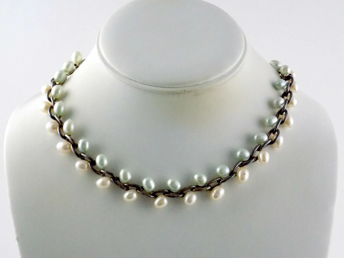 Unmarked Sterling Silver Branching Pearl Toggle Clasp Necklace