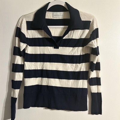 100% Merino Wool Navy And White Stripe V Neck Collared Sweater M&S Womens XS