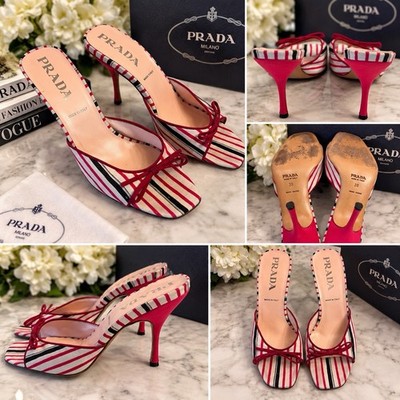 VINTAGE Prada Striped Silk Kitten Heel Mules EU 38