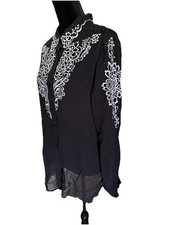 Bob Mackie Wearable Art Silk Shirt Womens L Black Embroidered Cut out 90s