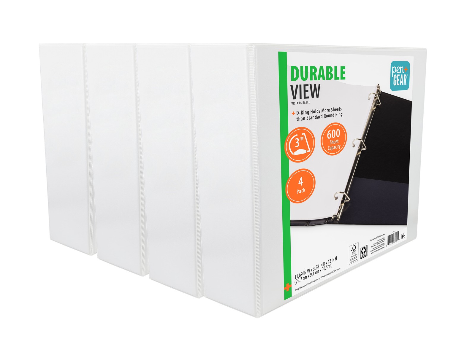 Pen+Gear Durable View 3-Ring Binder with 3-inch Rings 4-Pack (White)