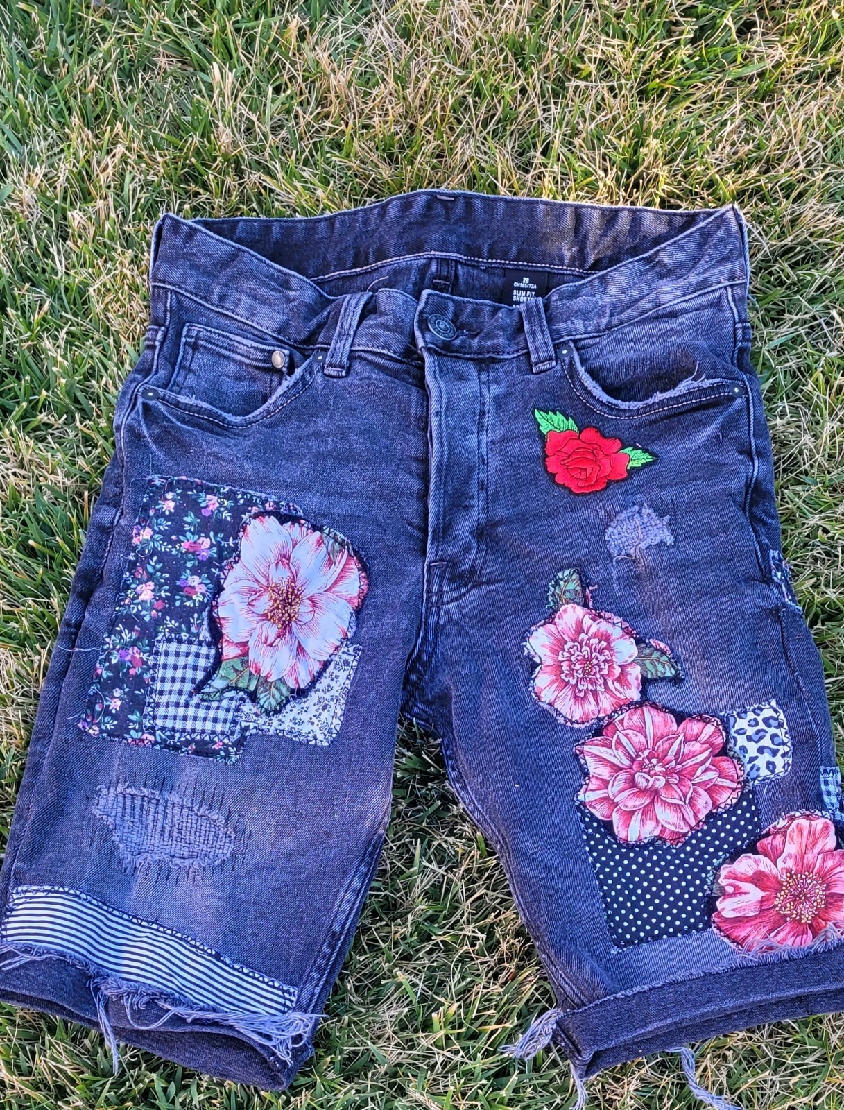 Black Upcycled Patchwork Denim Button Fly shorts-… - image 22