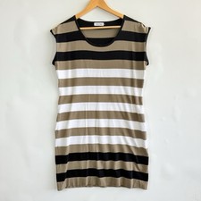 Calvin Klein Womens Large Tan Black White Wide Stripe Knit Preppy Nautical Dress