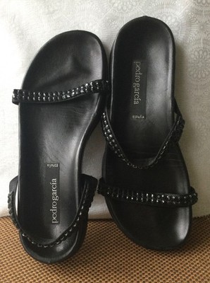 PEDRO GARCIA 39.5 Espana Sandals 2 strap Black Crystal Leather Sole US Sz 9.5
