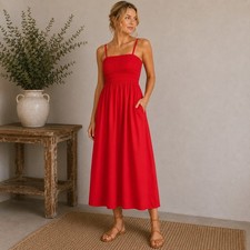 Old Navy Maxi Dress Women Large Red Smocked Cotton Pockets Removable Straps