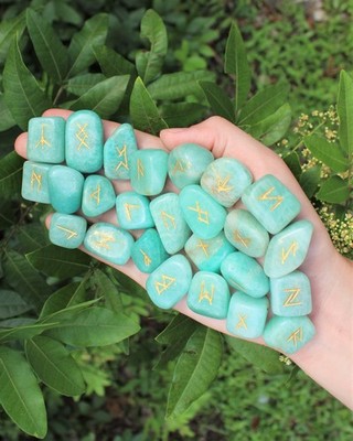 Amazonite Rune Stone Set of 25 & Velvet Storage Pouch (Elder Futhark Runes)