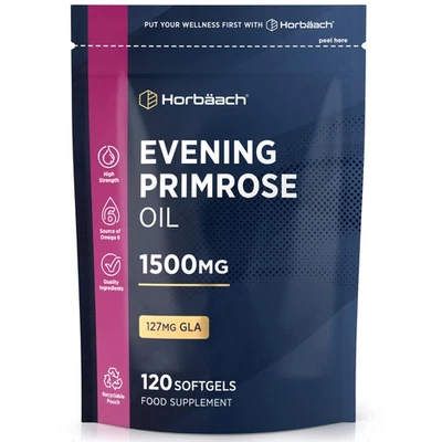 HORBÄACH Evening Primrose Oil 1500mg | High Strength | 120 Softgels | By Horbaach