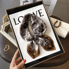 100% Silk Scarf Women Vintage Brown Flowers Kerchief Square Bandana Wrap 68*68cm