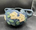 Roseville Blue Floral 1940s Vintage Pottery Vase Bowl 2 Handles 387-4