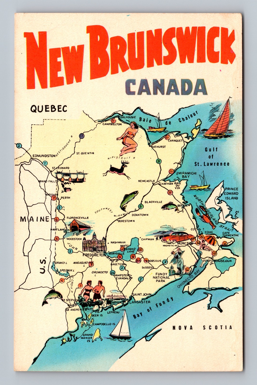 Canada New Brunswick General Greetings Map Landmarks Standard Vintage Postcard