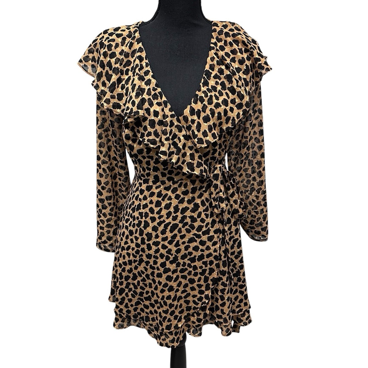 Free People Frenchie Leopard Print Wrap Mini Dress XS Long Sleeves Ruffle  NWT