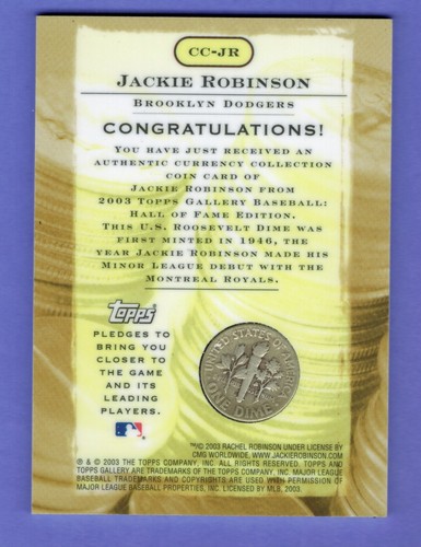 2003 TOPPS GALLERY JACKIE ROBINSON 1946 Roosvelt silver dime Brooklyn Dodgers - Picture 2 of 2