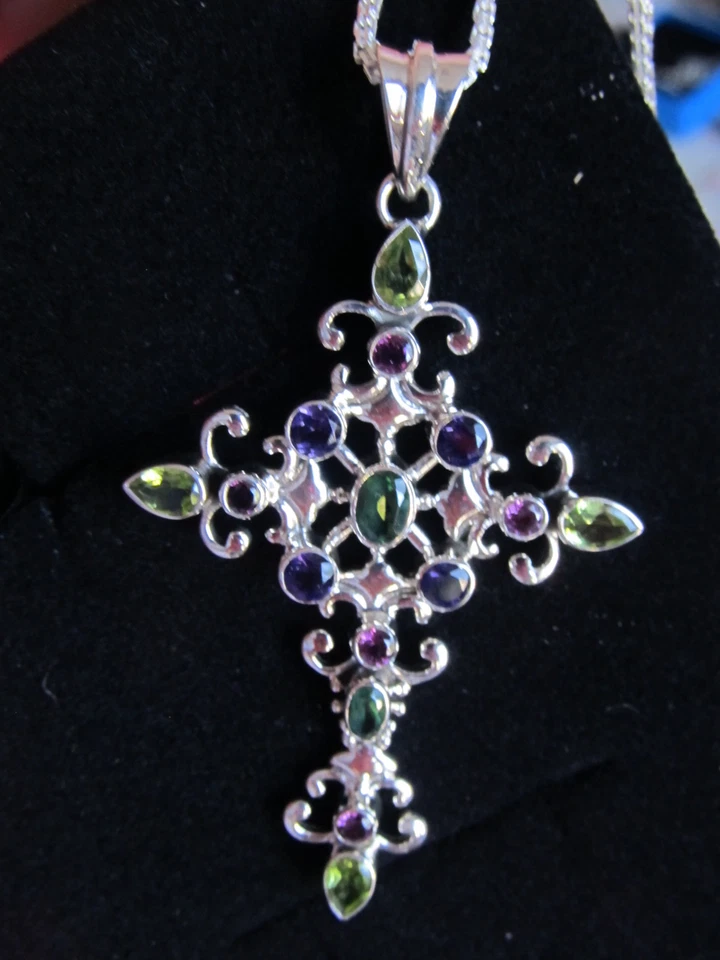 NICKY BUTLER CROSS PERIDOT AMETHYST MULTIGEMSTONE SILVER PENDANT NECKLACE MG - Image 2 of 4