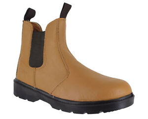 WorkForce Mens Tan S1P Lightweight Leather Steel Toe Safety Slip On Work Boots