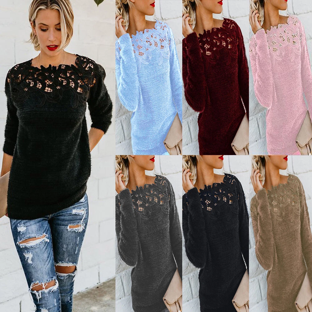 Women Long Sleeve Winter Warm Sweater Tops Ladies Lace Jumper Pullover Plus  Size | eBay