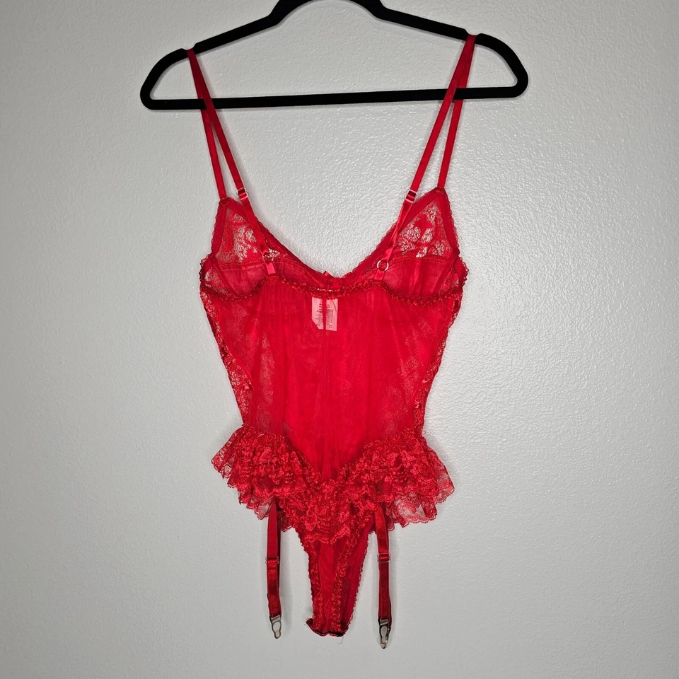 VTG Escante S Sheer Lace Bodysuit Ruffle Garter Lingerie Fairy Grunge Coquette - Image 4 of 4