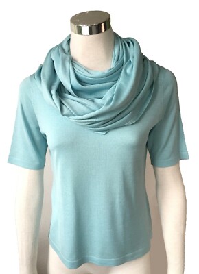 Feinstrick Rundhals Pulli mit Loopschal aus 100% Seide Gr 38 Fb. türkis