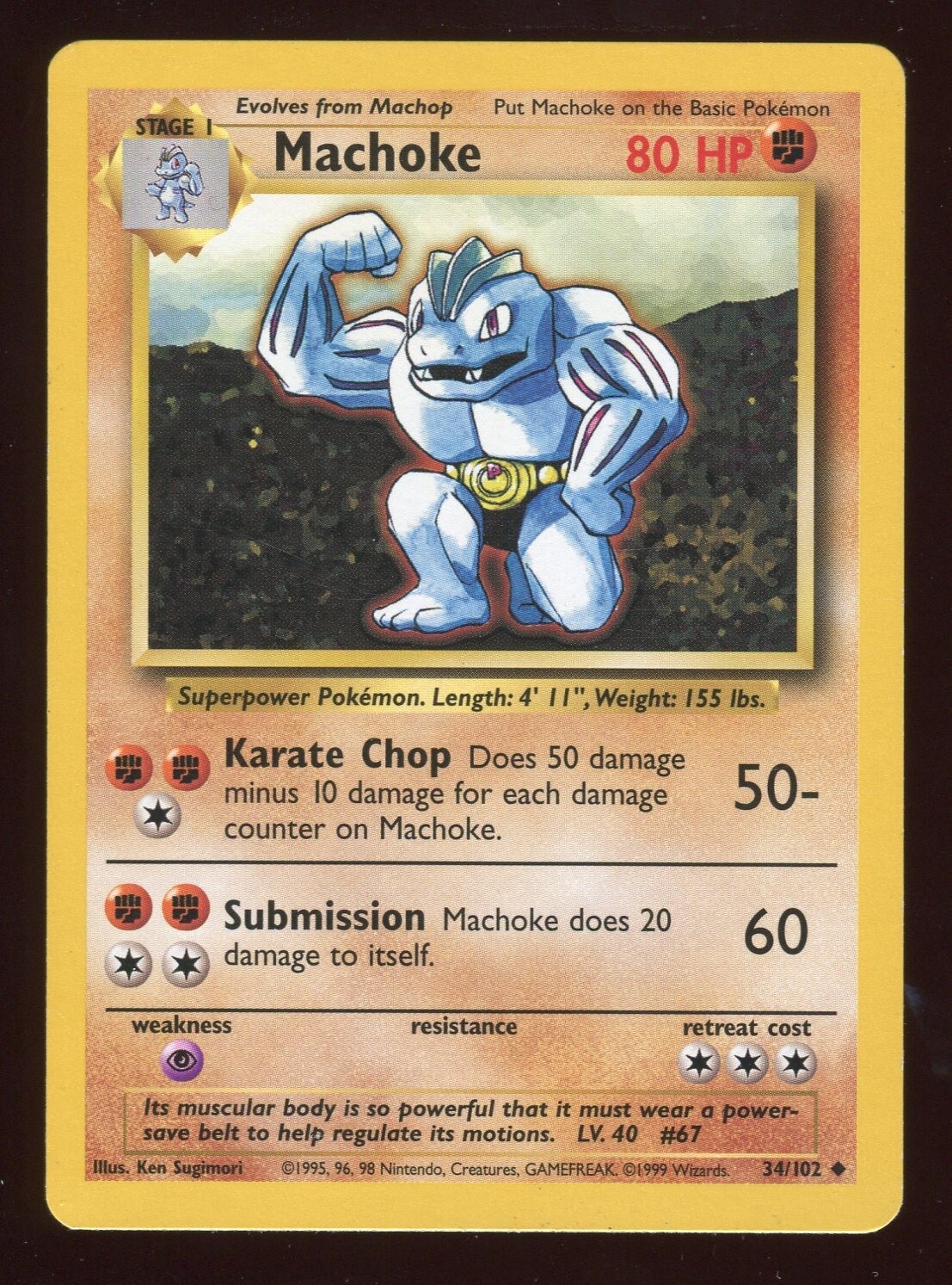 Pokemon Card Machoke Base Set 34/102 Unlimited WOTC Played