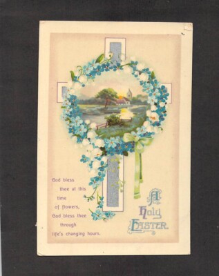 C2642 Greetings Holy Easter Cross Flower Wreath PU1916 Philco vintage postcard