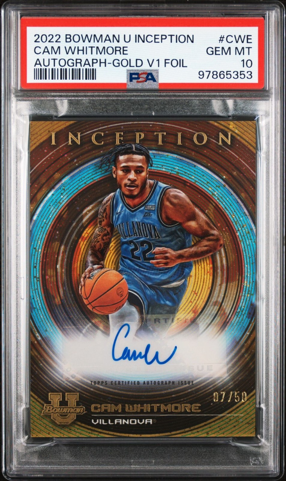 2022-23 Bowman U Inception Cam Whitmore Gold Foil Prospect Auto /50 PSA 10