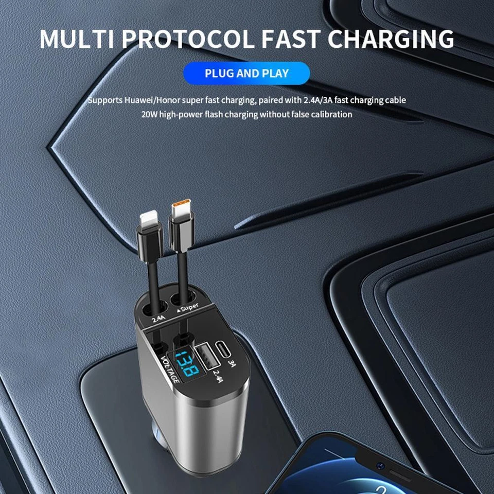 Retractable Car Charger 4in1 Fast Car Phone 16 Charger 120W USB Type C Cable lot - Image 2 of 4