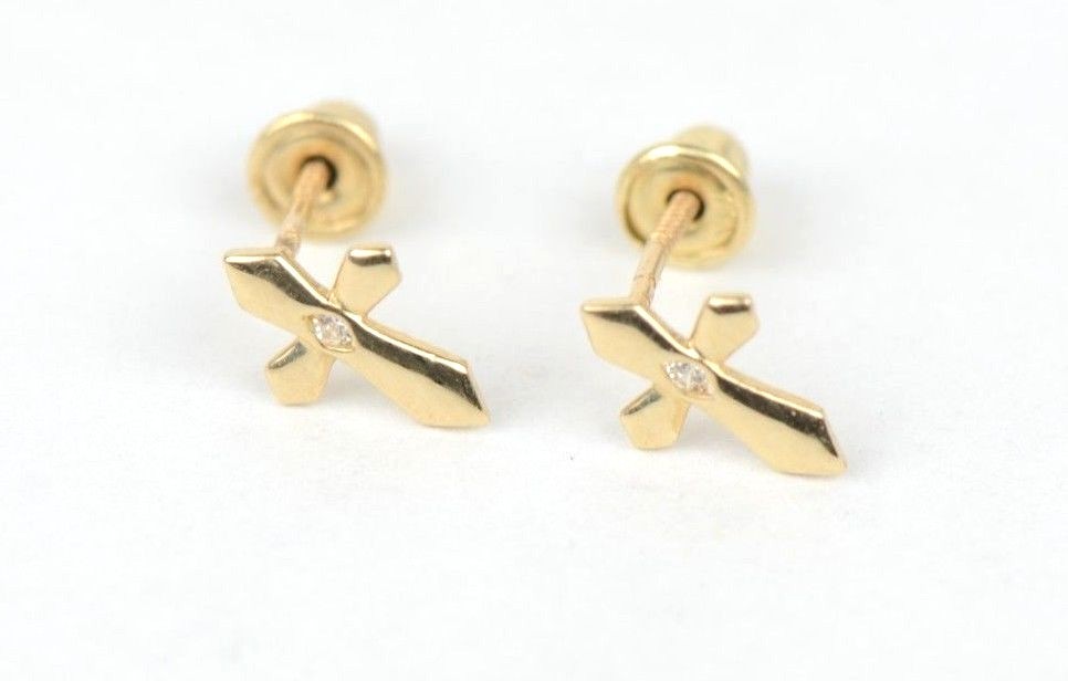 14K Yellow or White Gold Cubic Zirconia CZ Cross Earrings