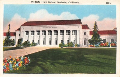 Postcard CA Modesto High School Building Flowers Panthers Stanislaus County