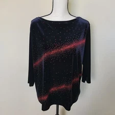 Vtg I.N. Studio Woman 1X Black Velour Top USA Made Poly Blend Sparkle Holiday 