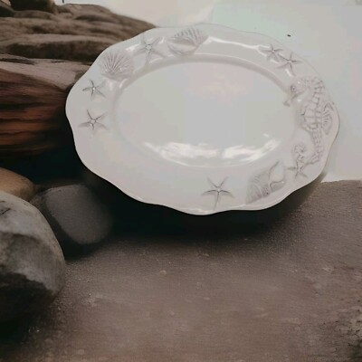 2021 Blue Sky Laguna Coastal Oval Seahorse & Shell StarfishPlatter White 3D 14''L