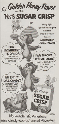 1954 Post's Sugar Crisp Cereal - Honey Bee Baby Bear Cub Cartoon Art - Print Ad