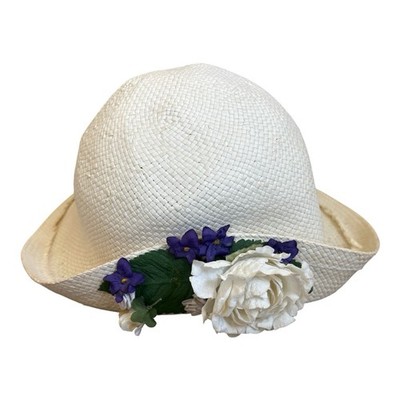 Vtg White Straw Cloche Hat Floral 1940s 1950s Style Garden  display picture 1