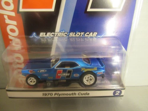 "NEW" AW 4 GEAR REL 1 HURST '70 PLYMOUTH CUDA CHROME BLUE HO SLOT CAR