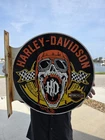 VINTAGE DOUBLE SIDED HARLEY DAVIDSON FLANGE PORCELAIN SIGN 17.5" *