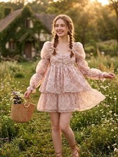 UUNIQ Floral Mini Dress Womens Size Large Pullover Ruffle Cottagecore Boho