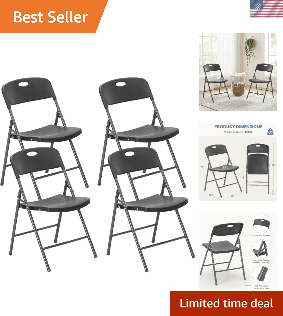 Heavy Duty Folding Chairs, 4 Pack - Waterproof & Stylish for Indoor/Outdoor