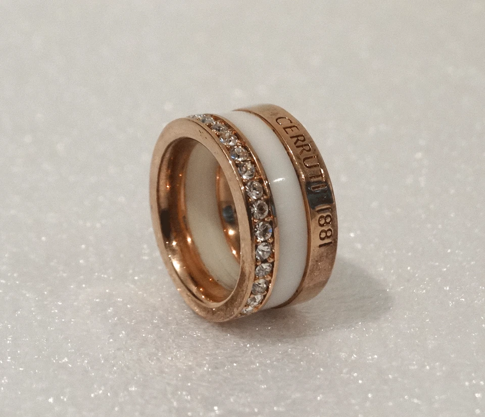 Bague Cerruti 1881 strassée en acier inoxydable cuivre et céramique blanche T52 - Photo 2/4