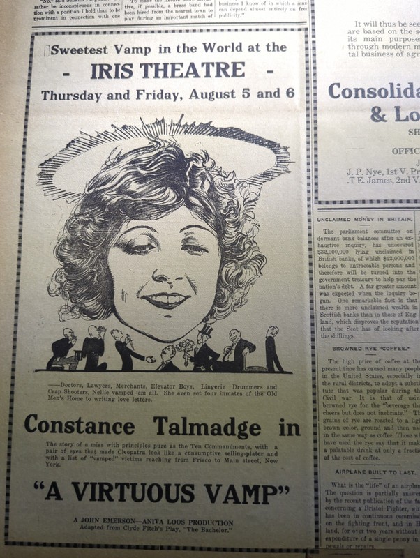 JULY 1920 NEWSPAPER PAGE #2772- CONSTANCE TALMADGE IN "A VIRTUOUS VAMP" 2 PGS