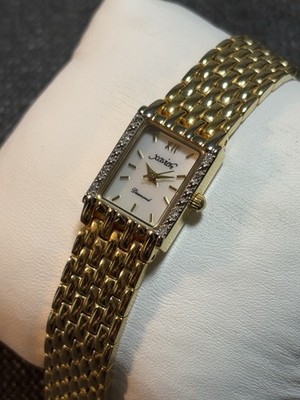 Xavier Diamond Bezel Gold Tone Rectangle Women s Dress Watch New Battery