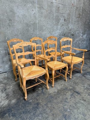 Set of 6 Vintage French Country Ladderback Rush Seat Dining Chairs