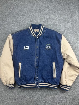 Johns Manville WBC Jacket Mens XL Blue Tan Denim Varsity Bomber Tri-Mountain