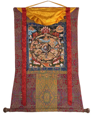 SAMSARA WHEEL OF LIFE HAND-PAINTED TIBETAN THANGKA WITH KHADI SILK BROCADE