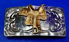Cowboys Horse Saddle Vintage Two Tone Engraved Swirl Pattern Western Belt Buckle