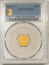 1859-S $1 GOLD DOLLAR - PCGS VF-25, RARE DATE, SAN FRANCISCO! POP-2!