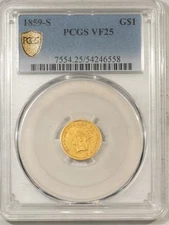 1859-S $1 GOLD DOLLAR - PCGS VF-25, RARE DATE, SAN FRANCISCO! POP-2!