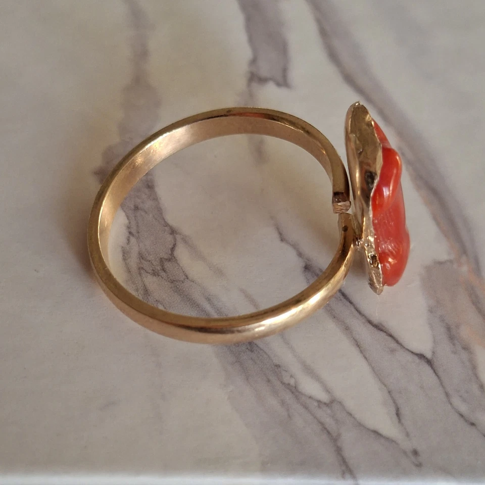 Anello vero corallo Antico ROSSO Di Sardegna Argento 925 Oro Giallo 18 KT - Immagine 4 di 4