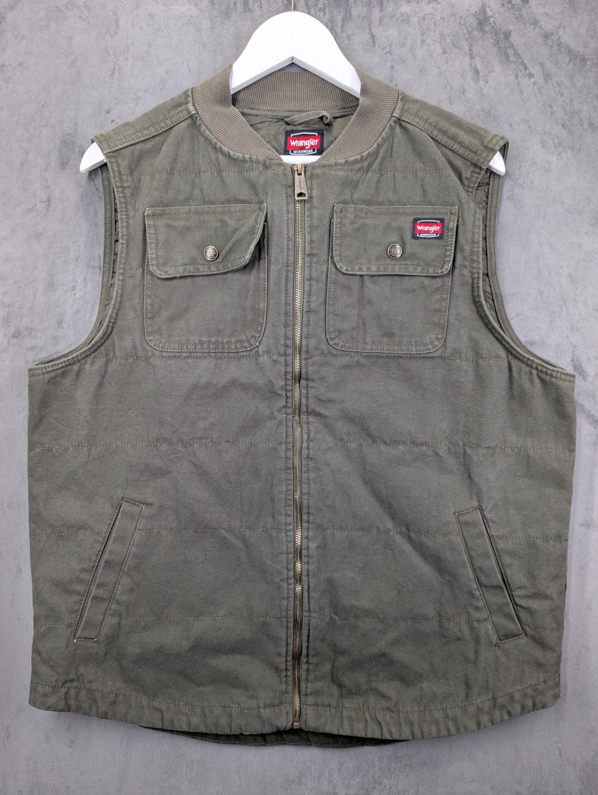 Wrangler Workwear Canvas Vest Men's Size Large Green Full Zip Fully Lined USA