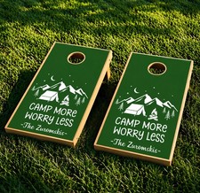 Camp More Worry Less Custom Name Cornhole Wraps Decals