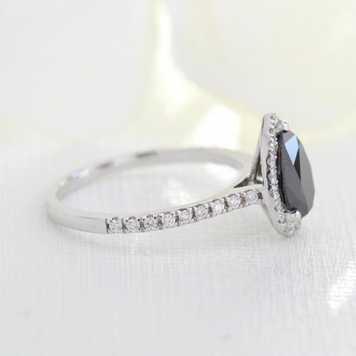 2.50Ct Pear Cut Black Diamond Halo Women's Engagement Ring 14K White Gold Finish - Picture 3 of 7