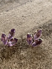 925 Earring Amethyst Sterling Silver Tri Leaf Posts Vintage