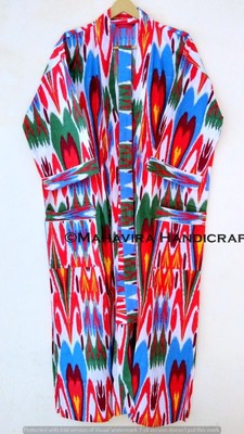 Women Pure Cotton Ikat Print Multi Lingerie Night Gown Sleepwear Kimono Robe